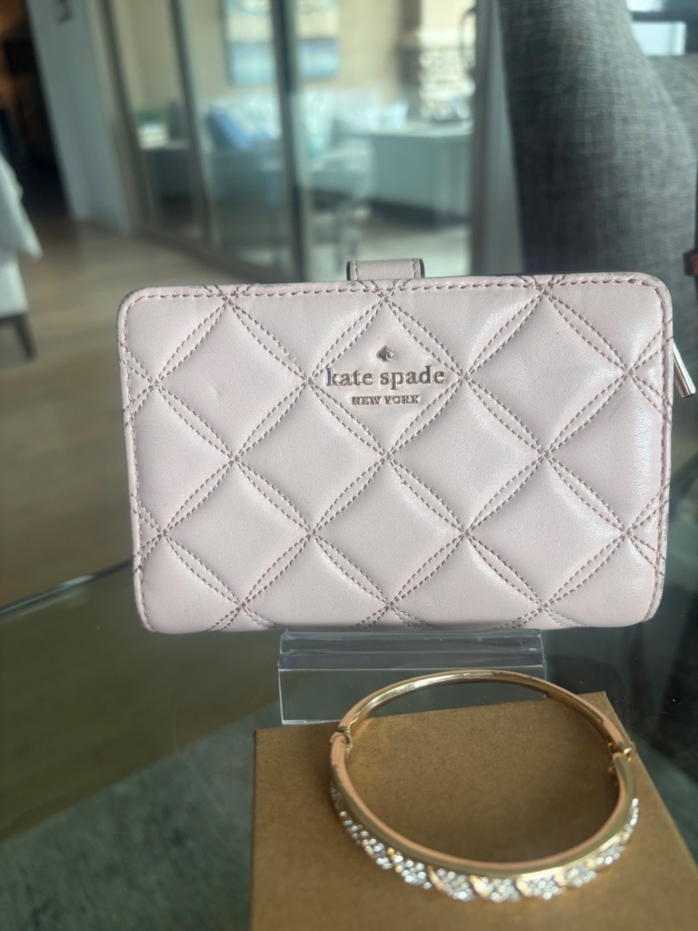kate spade Quilted Zip Around Wallet in Pale Pink with fashion bracelet